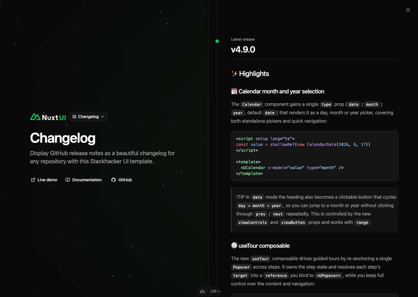 Changelog template preview